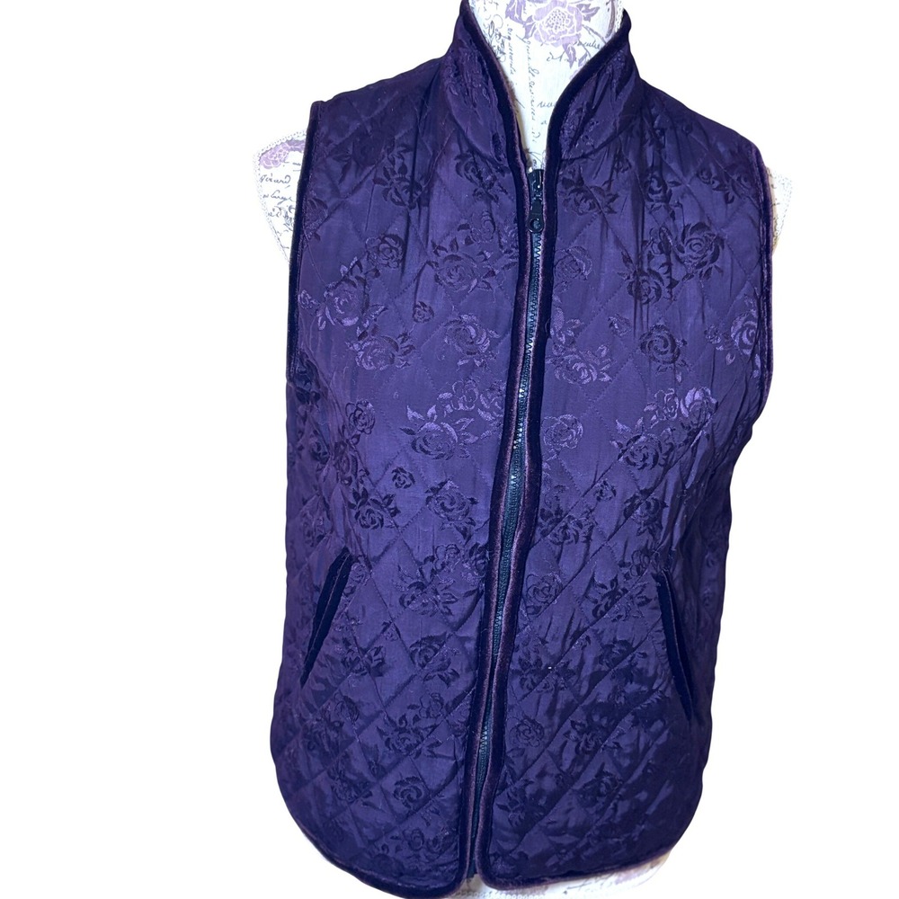 VINTAGE Nomadic Traders Quilted Rose Print Velvet Trim‎ Vest Size S Cottagecore